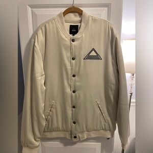 Stylish Cream Bomber Jacket with Geometric Logo